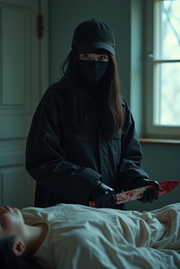 korean girl, (behind stiff, holding knife), stabbing, black balaclava mask, black gloves, girl's room, black raincoat, trucker hat, bloody knife, black gloves, woman on top, behind cadaver, blood splatter, on the bed, girl only, looking at viewer, mass murderer, killer, blood splatter, dark atmosphere, cinematic lighting, atmospheric realistic, light from the window,