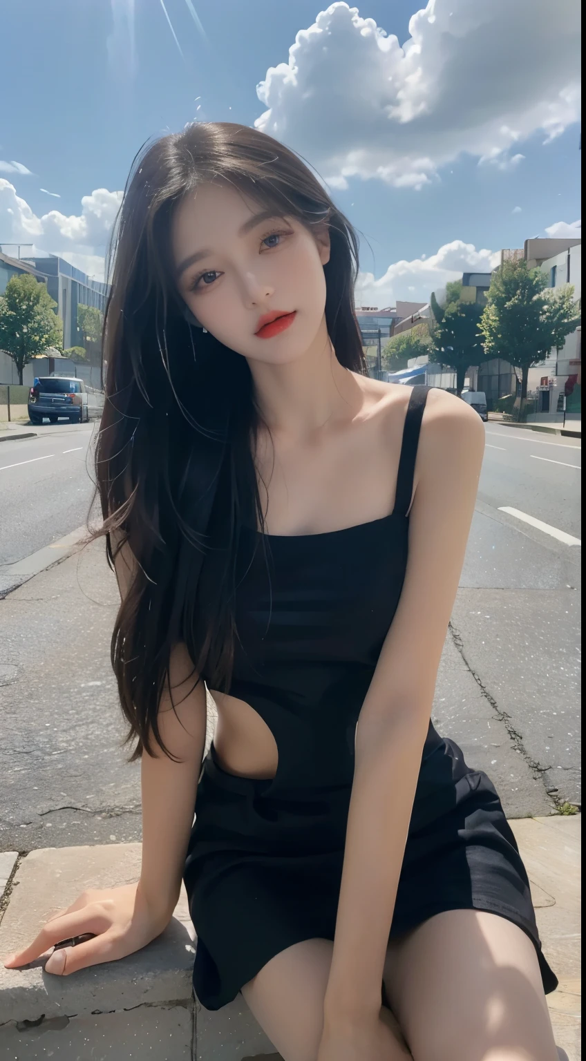 ((best quality, 8k, masterpiece:1.3)), Pretty maiden,pure,melon seed face,gentle and cute,sweet 미소,pure desire,Thin stature,(face),(Tilting head),Look straight into the camera,,Uniform, mind, official,Black silky long, straight hair,Long hair flowing over shoulders,big round black eyes,Clear, big eyes,moist red lips,sweet,Sit on the side of the road,The blue sky and white clouds,blue sky,lawn,building,