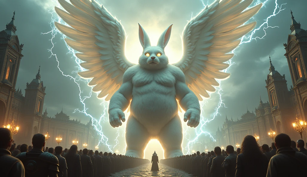 A rabbit, The color is white, So big it could swallow a poem, Holy, Seongsu, Stand on two legs, muscular body, Spreading the angel's wings., A cat with a human face, Wearing the armor of a medieval emperor,The size of a city , Rich medieval ancient city background, It is 100m in size, god화속세상, high detail, 8k, photorealistic, hyper realistic, god, Electricity surrounds the body, The eyes glow yellow., The crowd is bowing down to him..