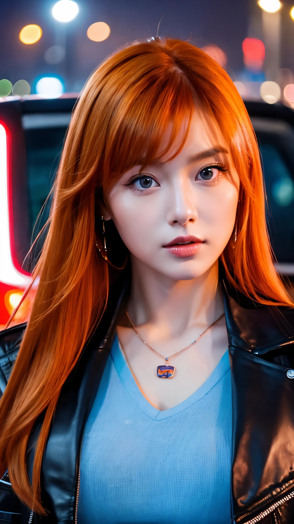 extreme close-up of beautiful beautiful korean female, 34 inch breasts size, orange hair, blue eyes, wearing leather jacket, necklace, beside the red car, night, UHD