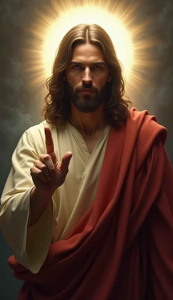 Make the image Jesus pointing his finger at the camera