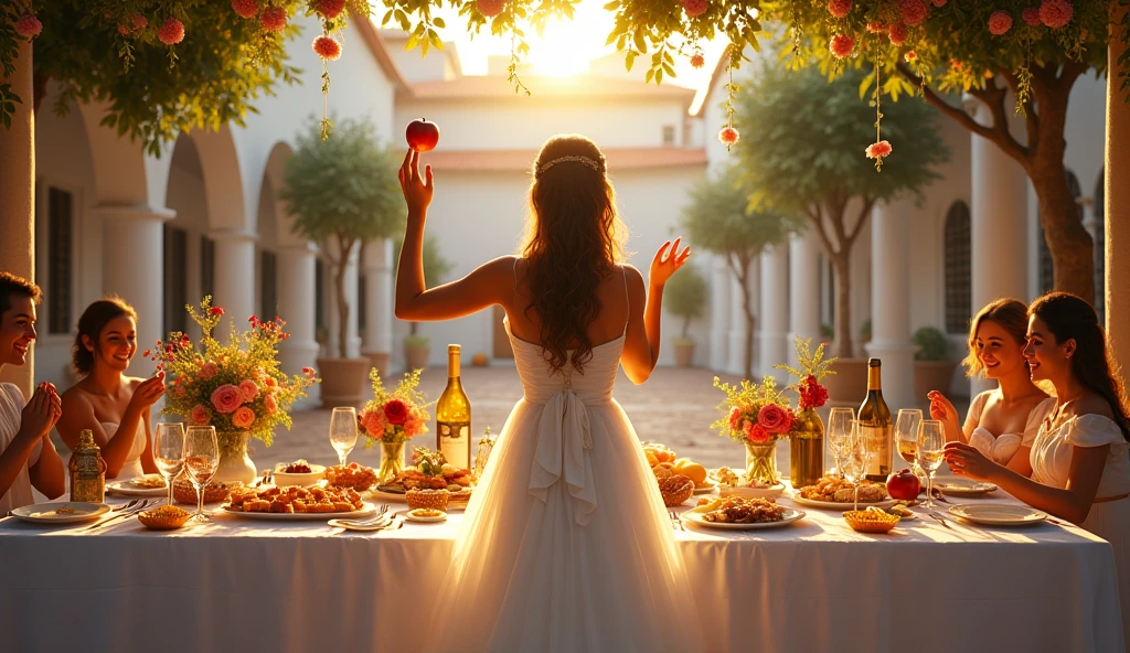 background of a greek wedding where a greek woman is standing on one side of the table and throwing a golden apple
