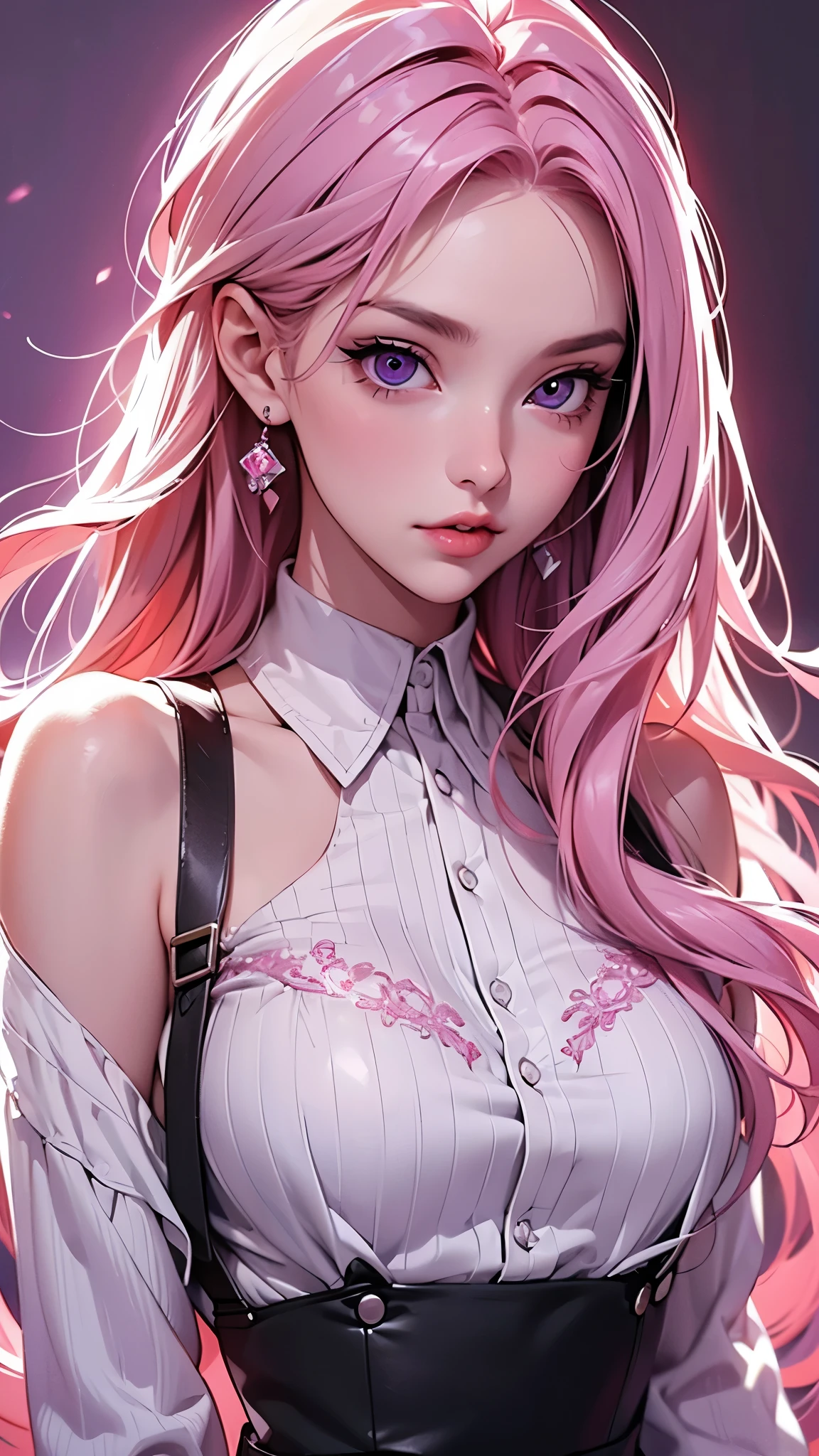 (Best quality,8K,high resolution,masterpiece:1.2),Digital Artwork, A girl，Delicate face，Delicate eyes，Pink Hair，Long and straight hair，Glowing purple eyes，Red lips，Suspenders