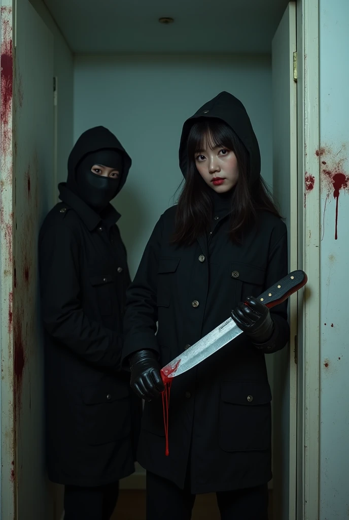 2 korean girls, (holding knife, leather balaclava mask), stabbing, black leather gloves, entrance of the house, black raincoat, girl only, bloody knife, leather gloves, looking at viewer, white room, blood splatter, night, mass murderer, killer, blood splatter, bloody room