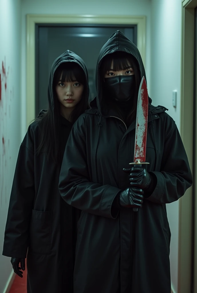2 korean girls, (holding knife, leather balaclava mask), stabbing, black leather gloves, entrance of the house, black raincoat, girl only, bloody knife, leather gloves, looking at viewer, white room, blood splatter, night, mass murderer, killer, blood splatter, bloody room
