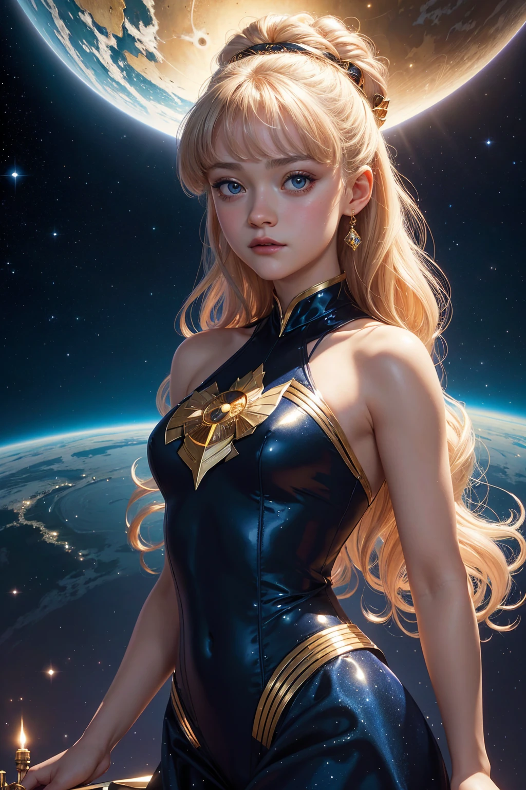 portrait Dakota Fanning, wearing sexy sailor moon outfit, against the background of the planet Earth, 6 0 3 0 s, curly hair, intricate, elegant, highly detailed, digital painting, artstation, concept art, smooth, sharp focus, illustration, art by thomas kindkade, charlie bowater, artgerm, greg rutkowski, alphonse mucha and alexandra fomina, 36k, glittering, shining