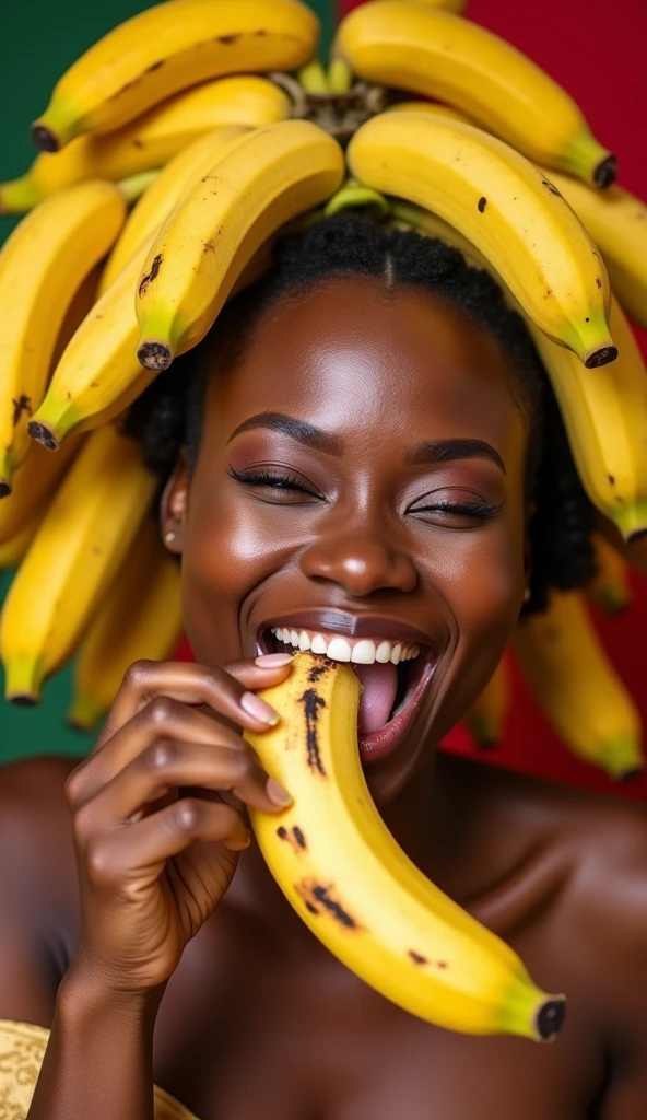 Clothed 30's、One incredibly beautiful Angolan woman。Dressed in traditional Angolan clothing。Facing forward、Open your mouth wide、With your right hand、She looks delicious eating the banana she is holding.、I bite into it with the skin on.。The expression is、Ecstatic expression、I feel a strong sense of ecstasy。With a smile、Both eyes are open。The head is peeled、Covered with several real bananas。頭とその周辺にBananaたくさんある。There are bananas all around。Banana、There's just so much。The skin is、Hidden by clothes、Light clothing。There are bananas all around。Covered in bananas。Fully clothed。No tattoos。The background is the color of the Angolan flag.。9:16 sizes。Highest quality、A masterpiece。