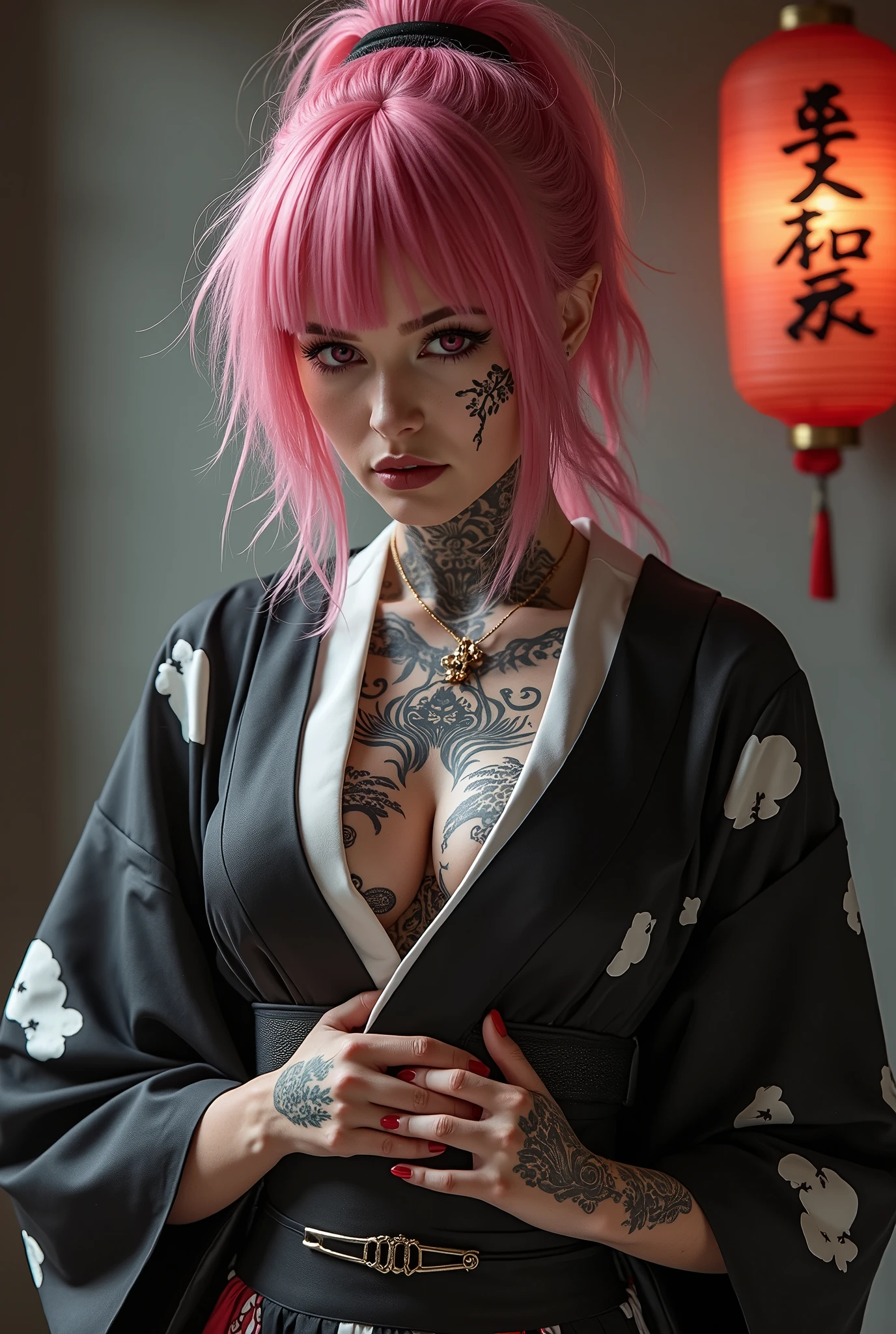 (Highest quality:1.2),32k HDR,High resolution,Perfect Anatomy,Wet and shiny white skin,Sweat dripping down my body,Slender model figure,Ahegao,Silver and pink hair,soaked through,Super small face,Collar and leash,Alley,Edo Town,photo shoot,Maid,((Japanese sword)),tattoo,((whole bodyにタトゥー)),(Arms covered in tattoos),(whole bodyをA body covered in tattoos), (A body covered in tattoos),((Collar with leash)),(Lockに繋がれた少女),Women in ecstasy,climax,Acme,Detailed skin texture, Detailed face, Fine grain,((whole body)),((艶やかなkimono)),(((nightの町))),((暗darkness)),((頭からfootまで)),((Lock帷子)),(((Lock))),(foot),(((Wrapped in a cloth))),((Thick-soled boots)),((大きなJapanese swordを構える)),(((Japanese swordを構える)),((kimono)),((Are standing)),((Wrap a cloth around your chest)),(((巨大なJapanese sword))),((Wear a black belt around your waist)),((花柄のkimono)),((Thin fabric)),((身長と同じくらいの大きさのJapanese swordを振りかぶる)),((night)),((Dim light)),((Glaring at the camera)),((Bold pose)),(((Restraints))),(((darkness))),(((moonlight))),