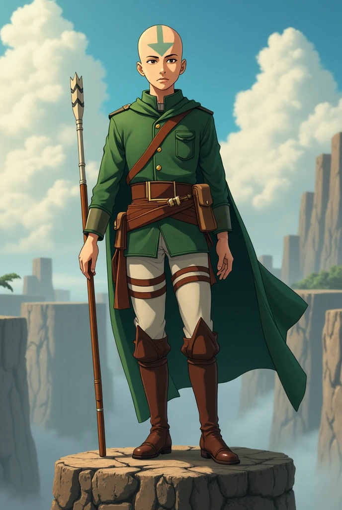 The best quality is Aang&#39;s avatar wearing Eren&#39;s outfit in Attack on Titan and standing on a flat wall in Attack on Titan with a stick in his hand.