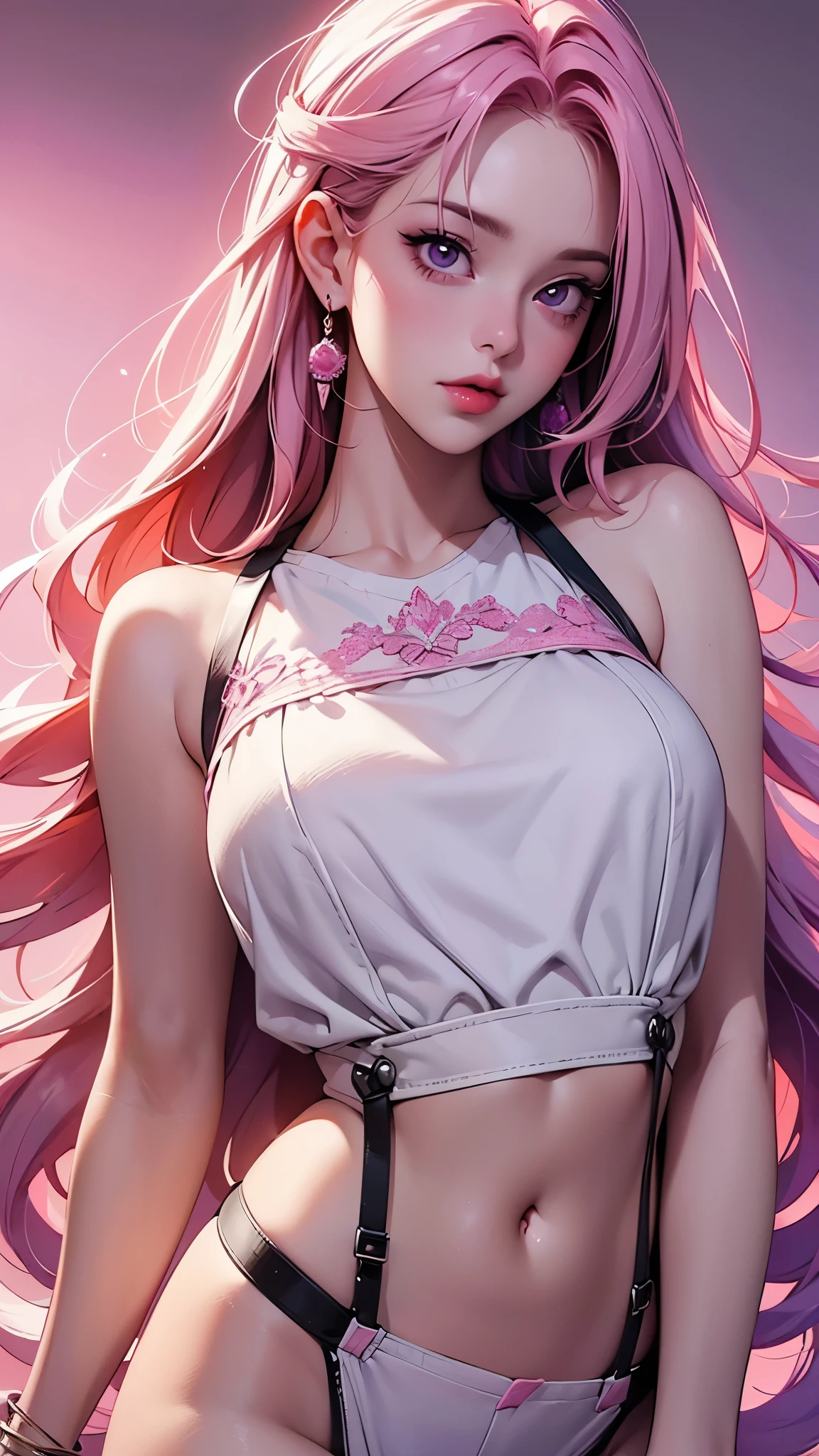 (Best quality,8K,high resolution,masterpiece:1.2),Digital Artwork, A girl，Delicate face，Delicate eyes，Pink Hair，Long and straight hair，Glowing purple eyes，Red lips，Suspenders