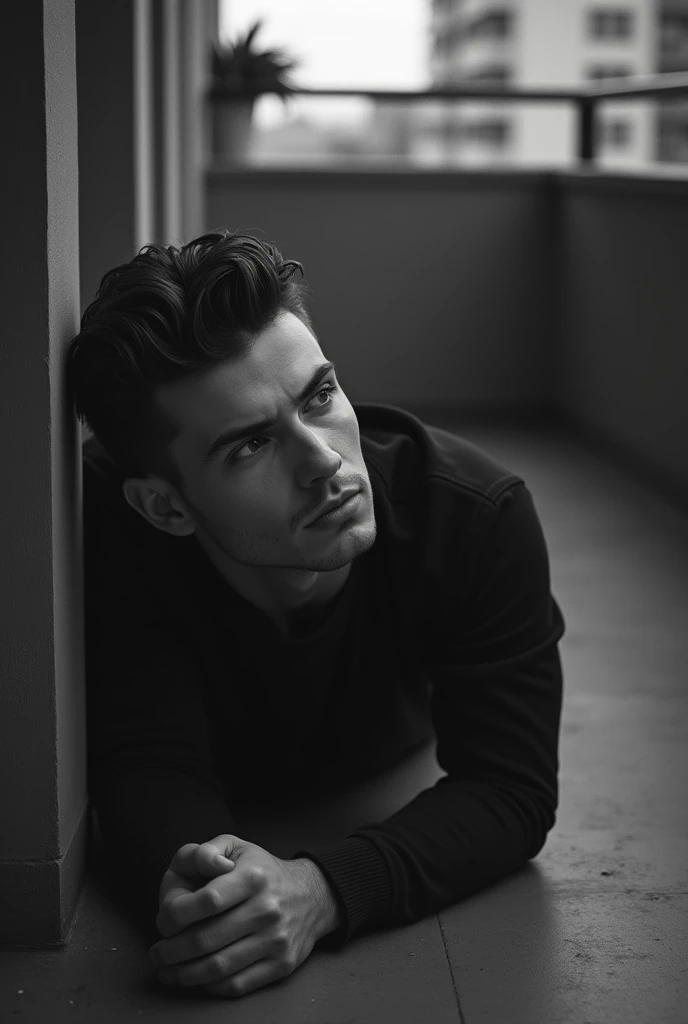Real Sad male model on floor terrace, black and white Color