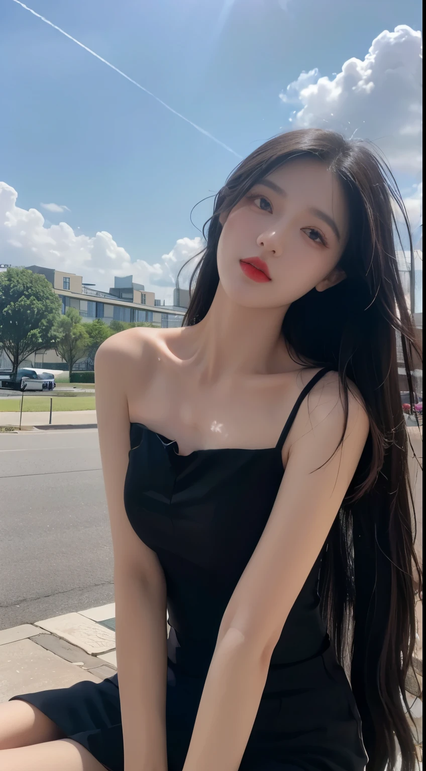 ((best quality, 8k, masterpiece:1.3)), Pretty maiden,pure,melon seed face,gentle and cute,sweet 미소,pure desire,Thin stature,(face),(Tilting head),Look straight into the camera,,Uniform, mind, official,Black silky long, straight hair,Long hair flowing over shoulders,big round black eyes,Clear, big eyes,moist red lips,sweet,Sit on the side of the road,The blue sky and white clouds,blue sky,lawn,building,