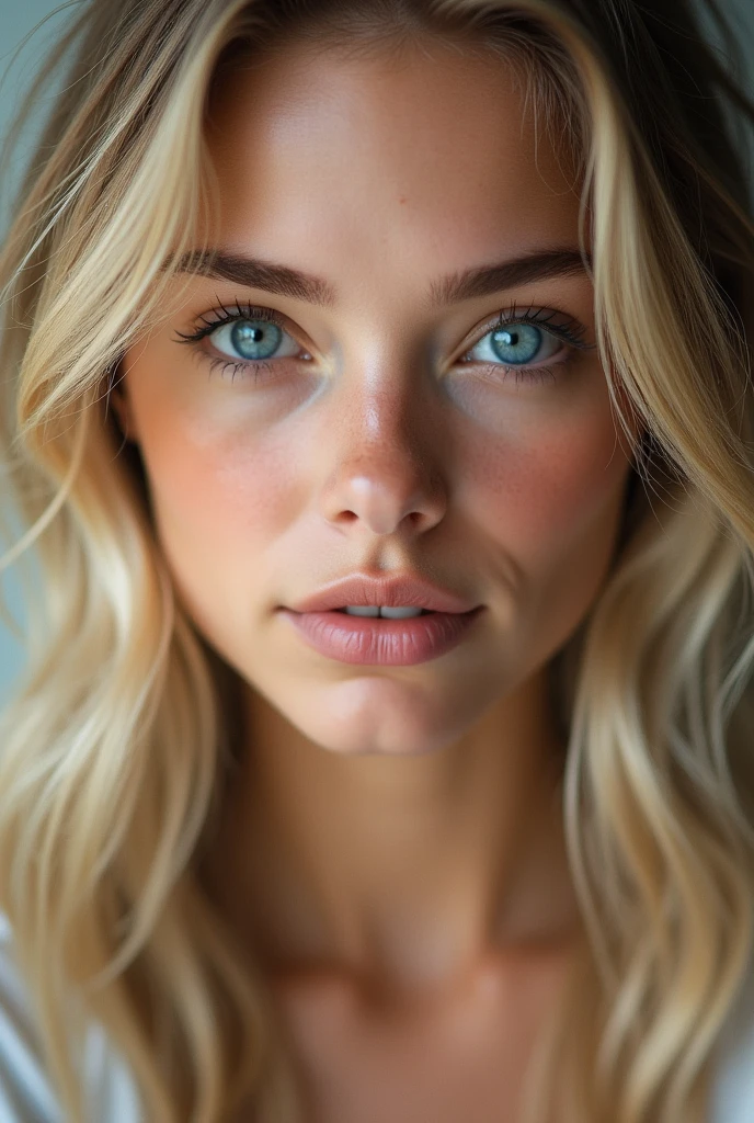 Blonde Woman, visage clair, Face details, une jolie fille, Face to the camera, attractive blue eyes, types italiennes