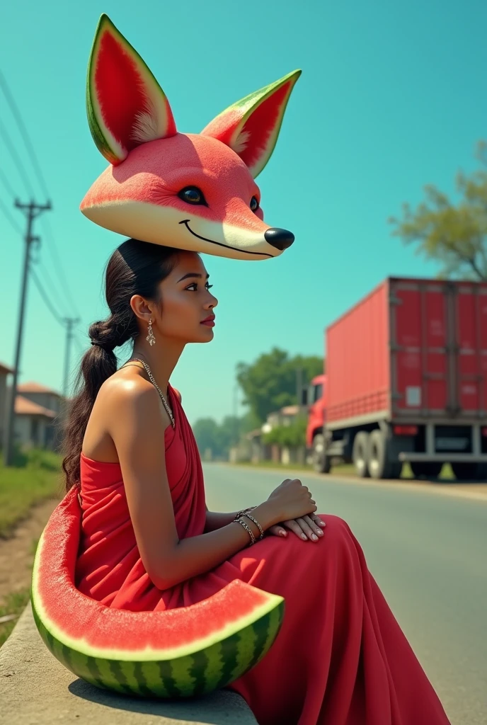 A photo of a woman sitting on the side of a road with a large watermelon in front of her. The watermelon is shaped like a fox and has a red and green color scheme. The woman is wearing a red saree and has her hair tied up in a bun. She is smiling and looking at the camera. In the background, there is a red truck and a few houses. The sky is blue and the road appears to be empty.