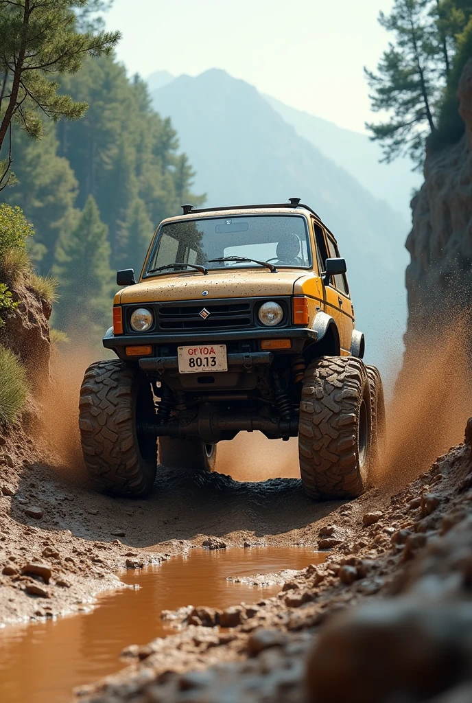 Daihatsu Mira. Big tyre. 4×4 . Off-road. On mud . Jumping from high place
