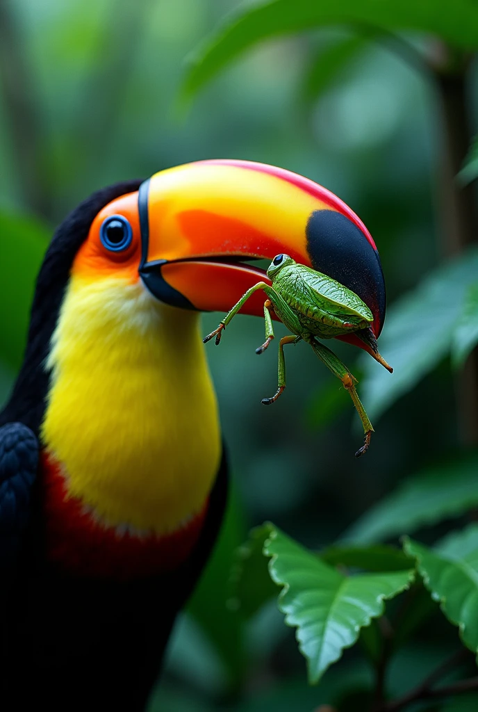 In the lush green Amazon rainforest, a toucan is holding a grasshopper in its beak. The scene is a close-up, focusing on the toucan's vibrant eye and its beak as it prepares to eat the grasshopper. The background is filled with dense, verdant foliage, and the atmosphere is vibrant and full of life. The toucan's colorful feathers are detailed, and the moment captures the natural behavior of the bird in its habitat.
