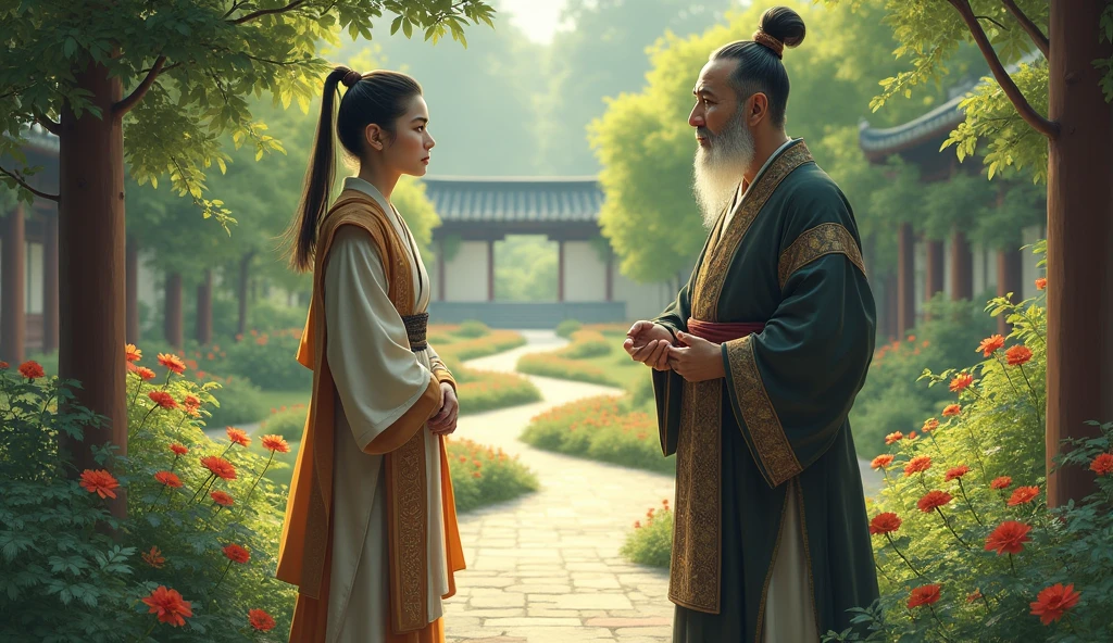 (Image of a student in a garden, looking thoughtfully at a wise man, both in traditional dress