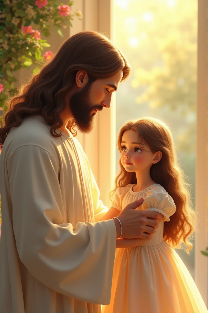 Sweet little doll with honey-colored eyes, long brown hair, well-behaved little dress, and at his side Jesus Christ also with a gentle countenance