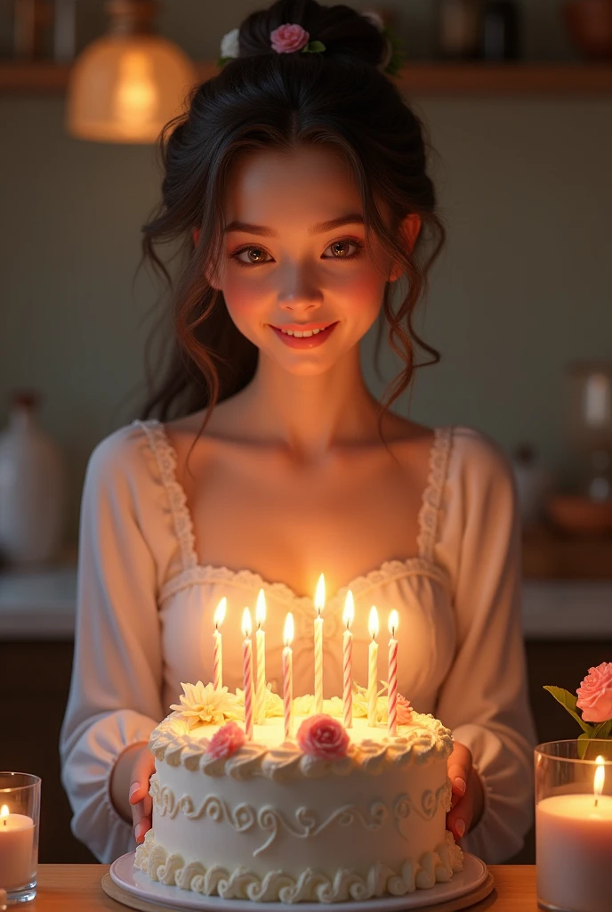 A beautiful girl is cutting her birthday cake today