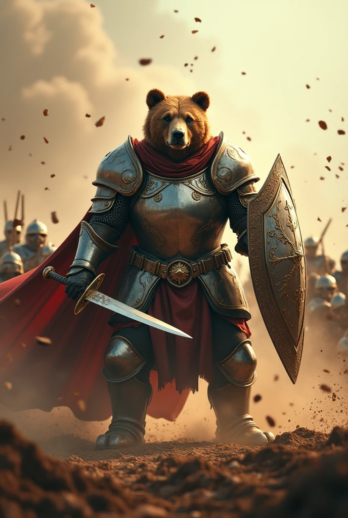 photorealistic image of a brown bear as a knight in the shining armor with sword and shield in fierce battlefield ganged up on by enemies, surrounded by hostiles, dynamic motion, cinematic photography, slow shutter shot with Fuji Film XT4 f/1.5 ISO 200
