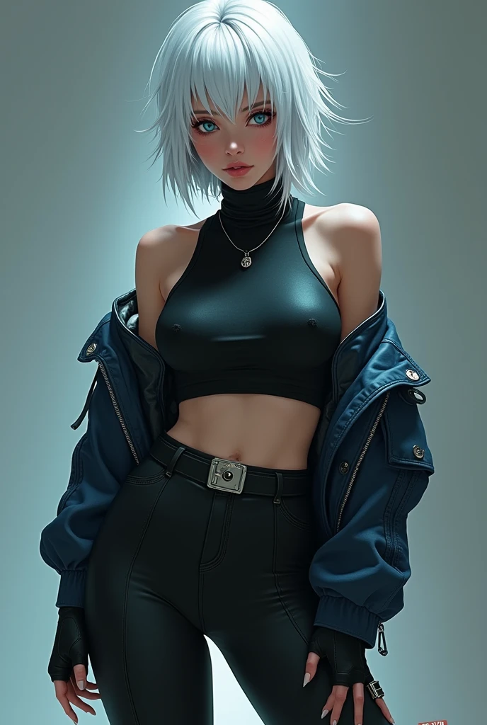 Cyberpunk edgerunners, 1 Girl, Lucy (Cyberpunk), 裸Off-shoulder膀, blue eyes, , Tights, Looking at the audience, medium , Off-shoulder夹克, Off-shoulder, Red Eyeliner, short hair, sleeveless turtleneck Tights, Solitary, turtleneck Tights, White hair, ((masterpiece)) (best quality, masterpiece)