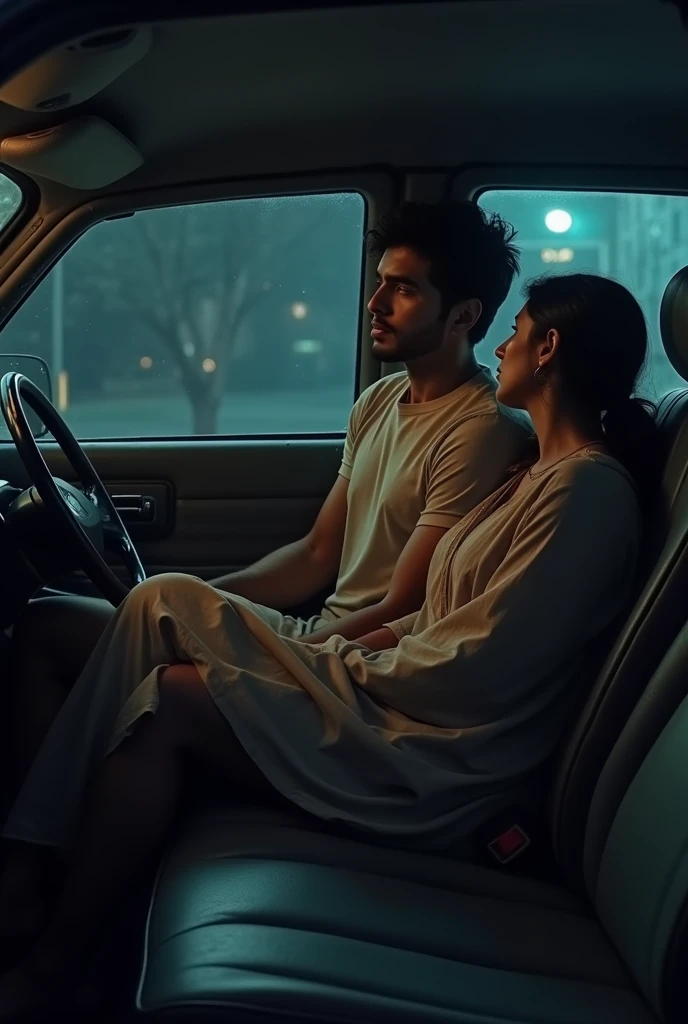 At night, one handsome 1 boy wears tshirt shorts sitting on back seat of the car and 40 year old woman is sitting on that boy's lap. The woman faces the front, and her back is to the boy. That woman wears kurta and slack.