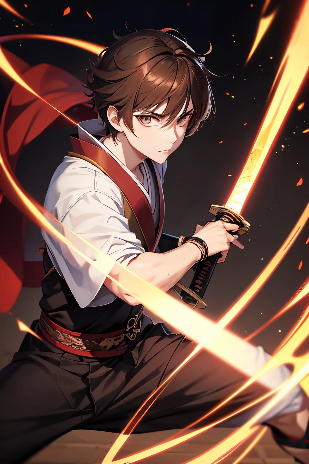 Anime boy, he holds a katana in each hand, anime boy with messy brown hair, he wears something similar to a technological Japanese kimono, character is young and in a combat stance, character in a dynamic pose, character in a combat stance, character fighting with swords, full body character