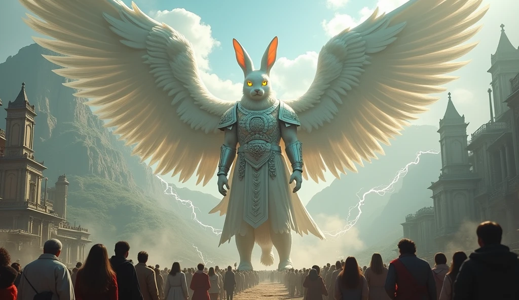 A rabbit, The color is white, So big it could swallow a poem, Holy, Seongsu, Stand on two legs,  Spreading the angel&#39;s wings, A cat with a human face, Wearing the armor of a medieval emperor,The size of a city , Rich medieval ancient city background, It is 100m in size, god화속세상, high detail, 8k, photorealistic, hyper realistic, god, Electricity surrounds the body, The eyes glow yellow., The crowd is bowing down to him..