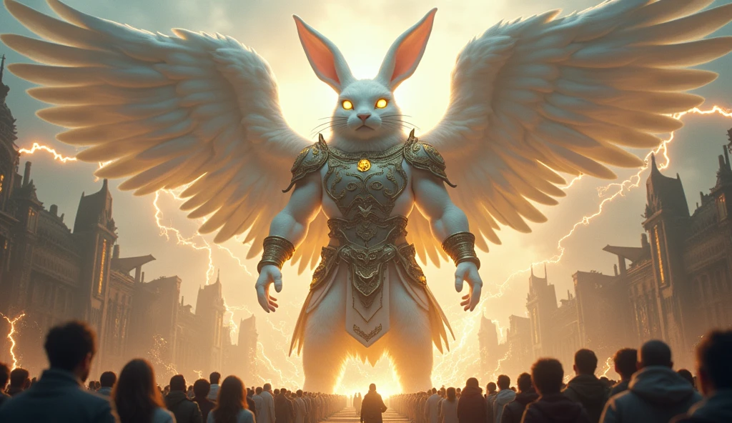 A rabbit, The color is white, So big it could swallow a poem, Holy, Seongsu, Stand on two legs,  Spreading the angel&#39;s wings, A cat with a human face, Wearing the armor of a medieval emperor,The size of a city , Rich medieval ancient city background, It is 100m in size, god화속세상, high detail, 8k, photorealistic, hyper realistic, god, Electricity surrounds the body, The eyes glow yellow., The crowd is bowing down to him..