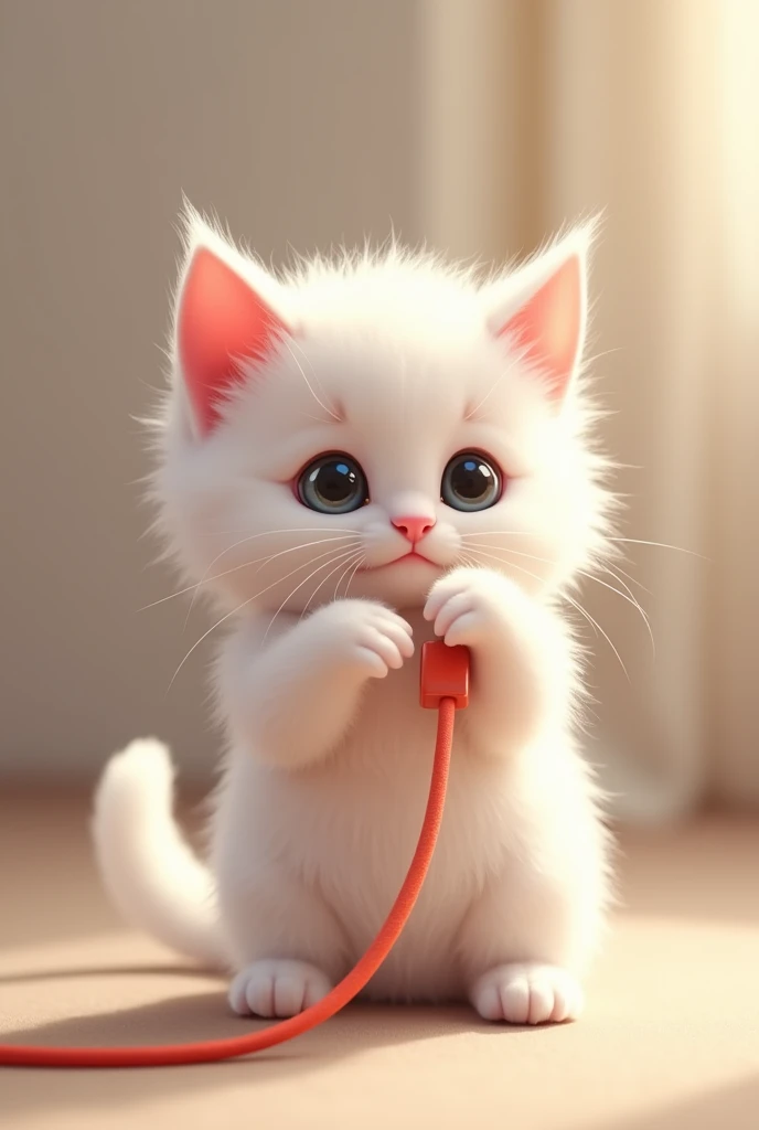 White cat A baby cat curiously plays with a phone charger cord, nudging it with its nose.