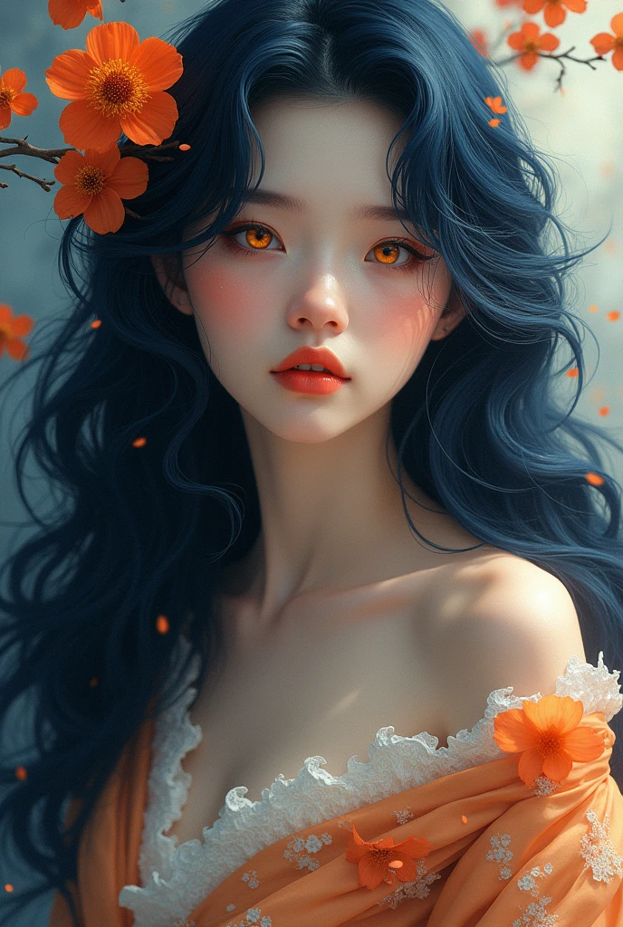 Long Haired Woman, dark blue and curly. orange eyes, skin clear as the moon, big and well-designed lips, blowing kimono with orange blossoms