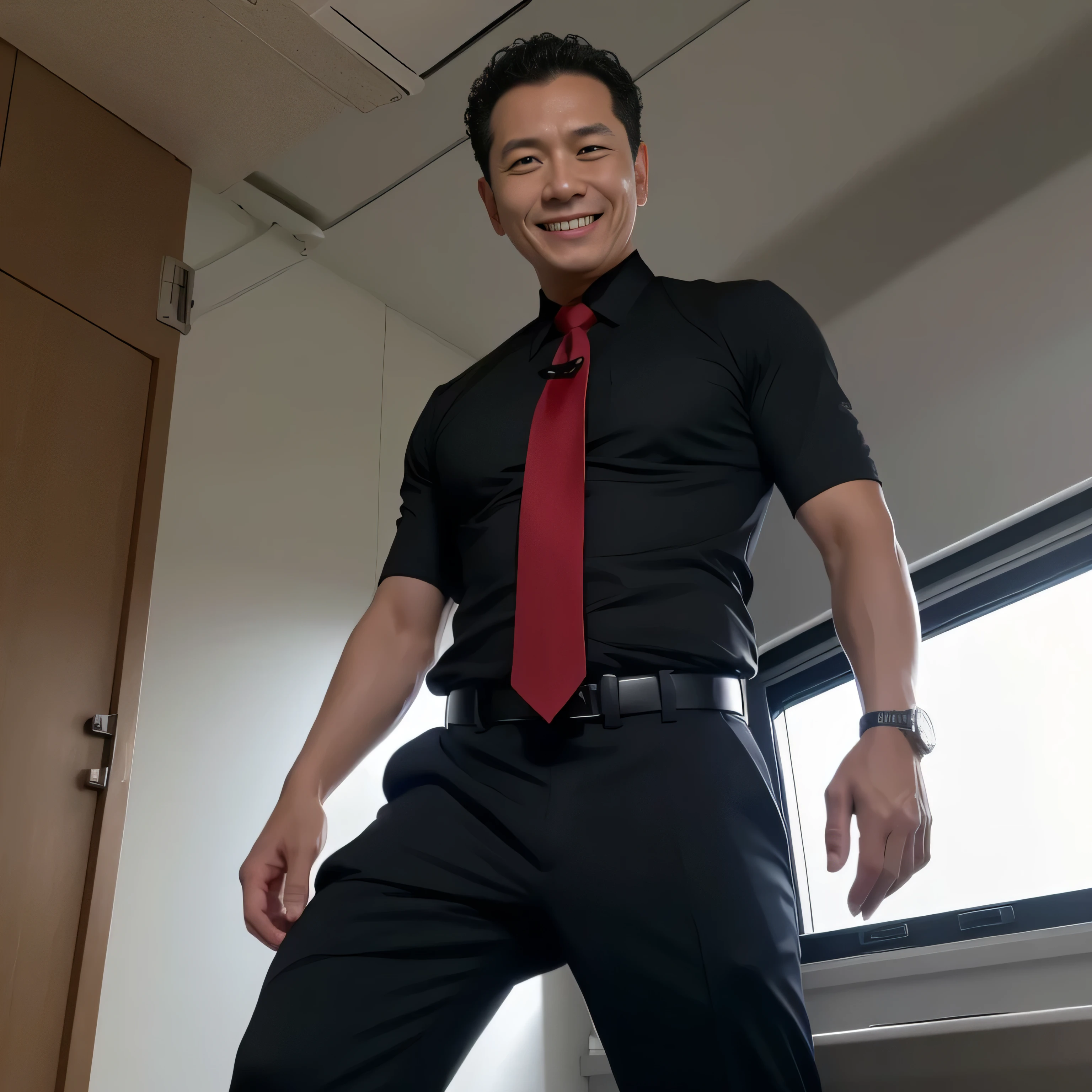 40 years old、One Man、combatant、Black Shirt、Red tie、black slim trousers、Raid、In-flight、Face up on the ground、logic succulent、 logic,Gay ,Very short hair、Iron perm、Stubble、smile Seen from below The crotch area of my trousers is swollen