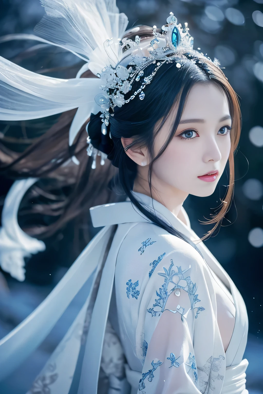 Beautiful, elegant Japanese woman with pale, porcelain skin wearing a luxurious, flowing kimono in shades of blue, white, and silver. Her long, dark hair is styled in an intricate updo, framing her delicate, refined features. She has a mysterious, alluring gaze and a serene, graceful demeanor. The background is a moonlit, snowy landscape, adding to the character's ethereal, otherworldly presence. She is the "Snow Princess", a captivating figure of beauty, power, and hidden depths.