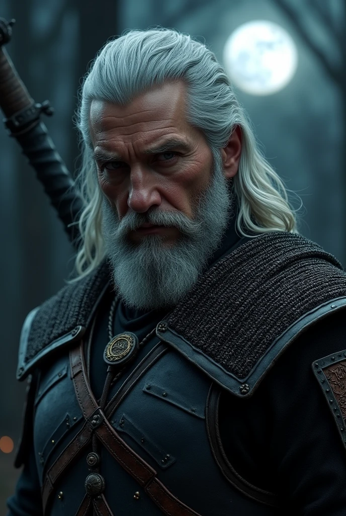 Actor Travis Fimmel (travis fimmel) Geralt of Rivia (Geralt of Rivia) Night portrait of, his face is illuminated by the full moon, He has a beard, Model shooting style (Extremely detailed CG Unity 8K), Full-frame photography of the world's most beautiful works of art, Medieval wizard armor, Greg Rutkowski's professional majestic paintings, Popular on artstation, Popular on CGsociety, complex, Very detailed, Be focused, dramatic, Midjourney's realistic paintings