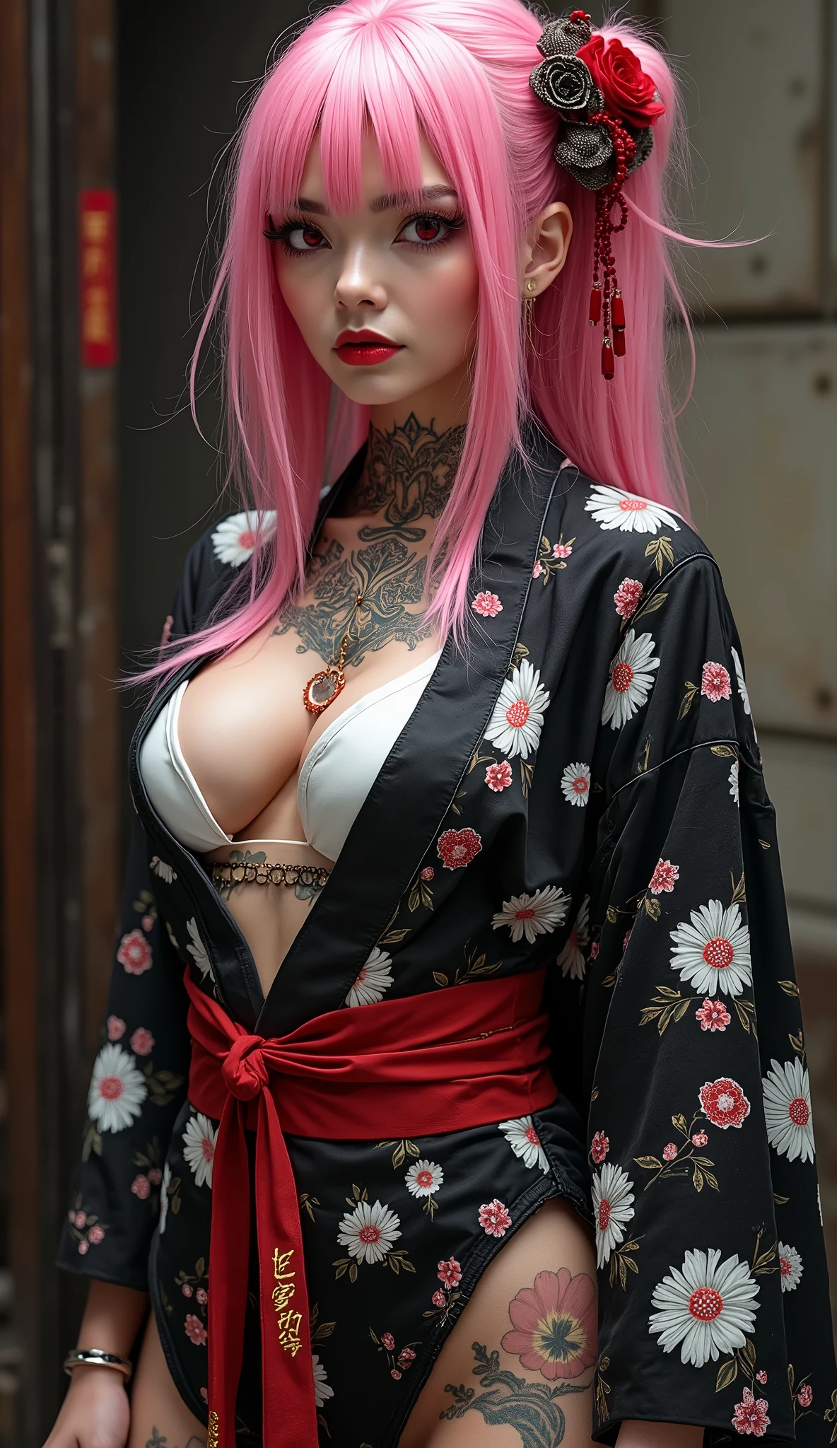 1girl, beautiful girl (24 years old), MILF, Enermous breasts:1.1, seductive smile, beautiful face, blue eyes, long hair, pink hair: 1.2, long hair, bangs, flower hair pin, off-shoulders, bare breasts, holding breasts with hand, breasts grab, pretty bright skin, korean idol makeup look, (full-body), looking at viewers, japanese kimono, black kimono, pattern, open chest cloths, Enermous Boobs:1.1, perfect boobs, highest quality, ultra-detailed, hyper detail face, detailed face: 1.2, round breasts, irezumi tattoo style, tattoo on breasts, tttattoo, showing her thigh , tattoo on thigh, sexy thigh, standing, erotic pose