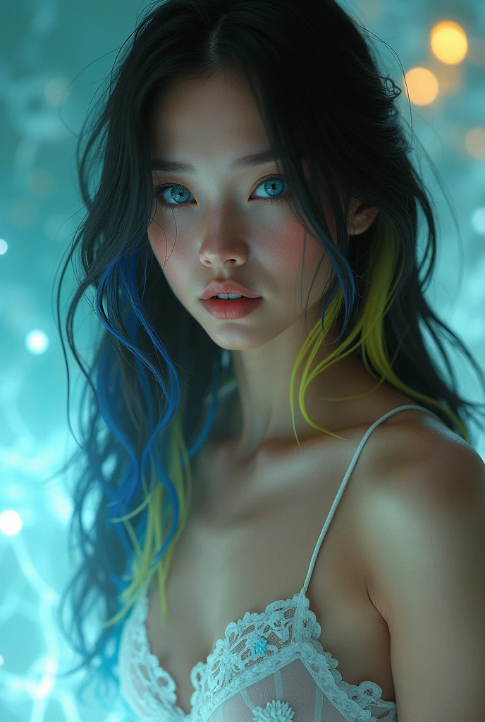 beautiful woman, blue eyes, long hair with black, blue, yellow tones, tan skin, plastic clothing similar to a transparent dress, striking makeup that suggests a dreamy surrealism, delicate precision details, 3D rendering, octane, high quality , very high resolution, ultra-realistic.