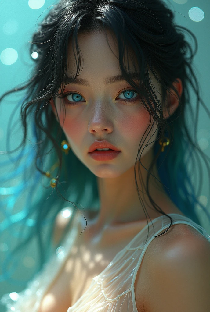 beautiful woman, blue eyes, long hair with black, blue, yellow tones, tan skin, plastic clothing similar to a transparent dress, striking makeup that suggests a dreamy surrealism, delicate precision details, 3D rendering, octane, high quality , very high resolution, ultra-realistic.