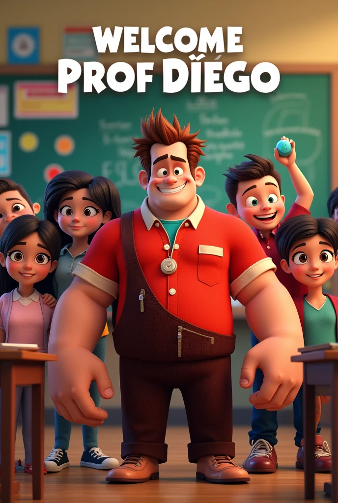 Create a Wreck-It Ralph movie cover as a happy teacher with his students behind him in a classroom. At the top it should say WELCOME and at the bottom should be the text Profe Diego in Spanish the texts