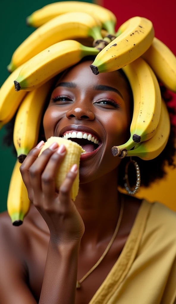 Clothed 30's、One incredibly beautiful Angolan woman。Dressed in traditional Angolan clothing。Facing forward、Open your mouth wide、With your right hand、She looks delicious eating the banana she is holding.、I bite into it with the skin on.。The expression is、Ecstatic expression、I feel a strong sense of ecstasy。With a smile、Both eyes are open。The head is peeled、Covered with several real bananas。頭とその周辺にBananaたくさんある。There are bananas all around。Banana、There's just so much。The skin is、Hidden by clothes、Light clothing。There are bananas all around。Covered in bananas。Fully clothed。No tattoos。The background is the color of the Angolan flag.。9:16 sizes。Highest quality、A masterpiece。
