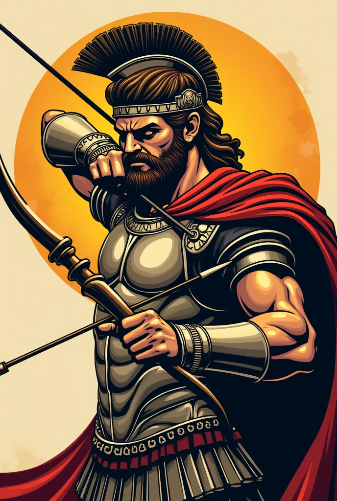 God Apollo wearing an armour and holding a bow and arrow. Make his face a little fierce and facing in front. It should have a bold outline. It should be accurate as a logo. Don't put a background.