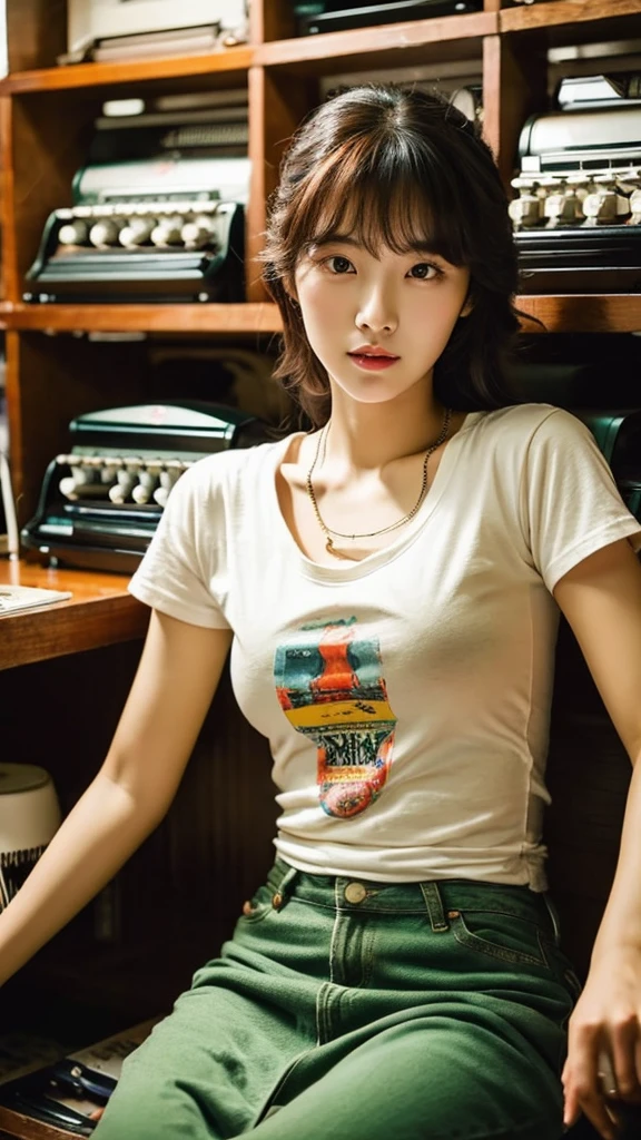 extreme close-up of beautiful beautiful korean female, 34 inch breasts size, wearing rolled sleeves t-shirt, necklace, playing typewriter, in vintage room, UHD