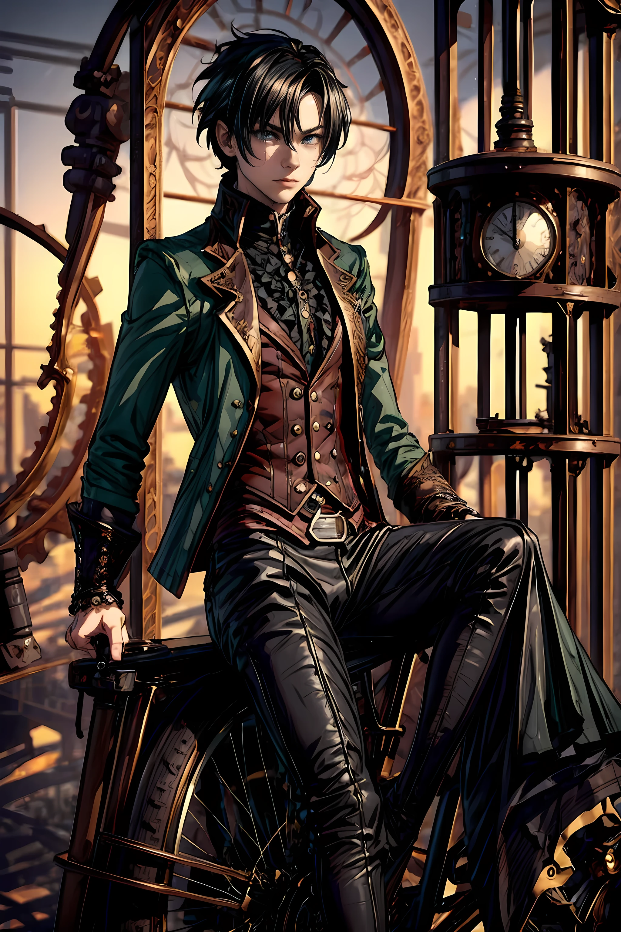 masterpiece, best quality, detailed, (1boy), handsome, toned physique, black hair, short hair, black attire, steampunk, gothic, green eyes, mechanical vehicle, meadows, sundown, beautiful scenery, peaceful, sitting on a steampunk bike, smoking, 3D Western Anime Style,