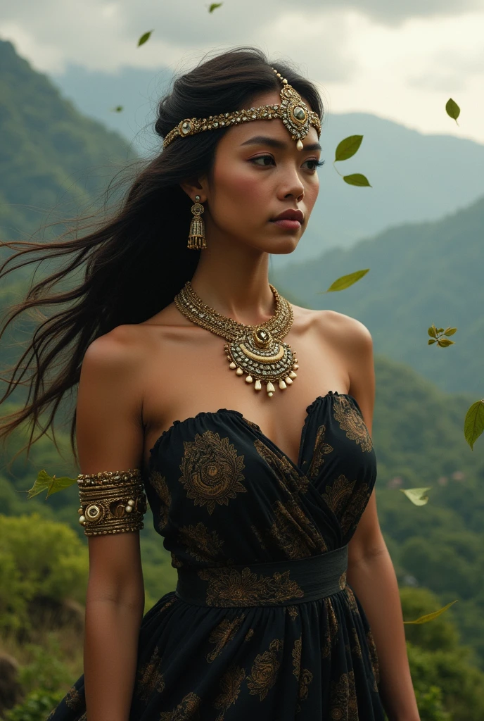 1 girl, ((skin tanned:1.25):golden skin)), warm skin tone, Austronesian, Indonesian, Breasts huge, baby batik, (black strapless dress:1.4), batik strip, royal jeweled helmet, intricate gold bracelet, royal statement necklace, cloudy weather, smooth light, gentle shadow, face detailed, sharp focus, swept by the wind, (whole body;0.8), rolling hills, moutain, floating leaves, Indonesia