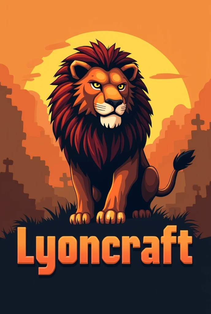 Create a logo with name LyonCraft main color orange minecraft theme and lion