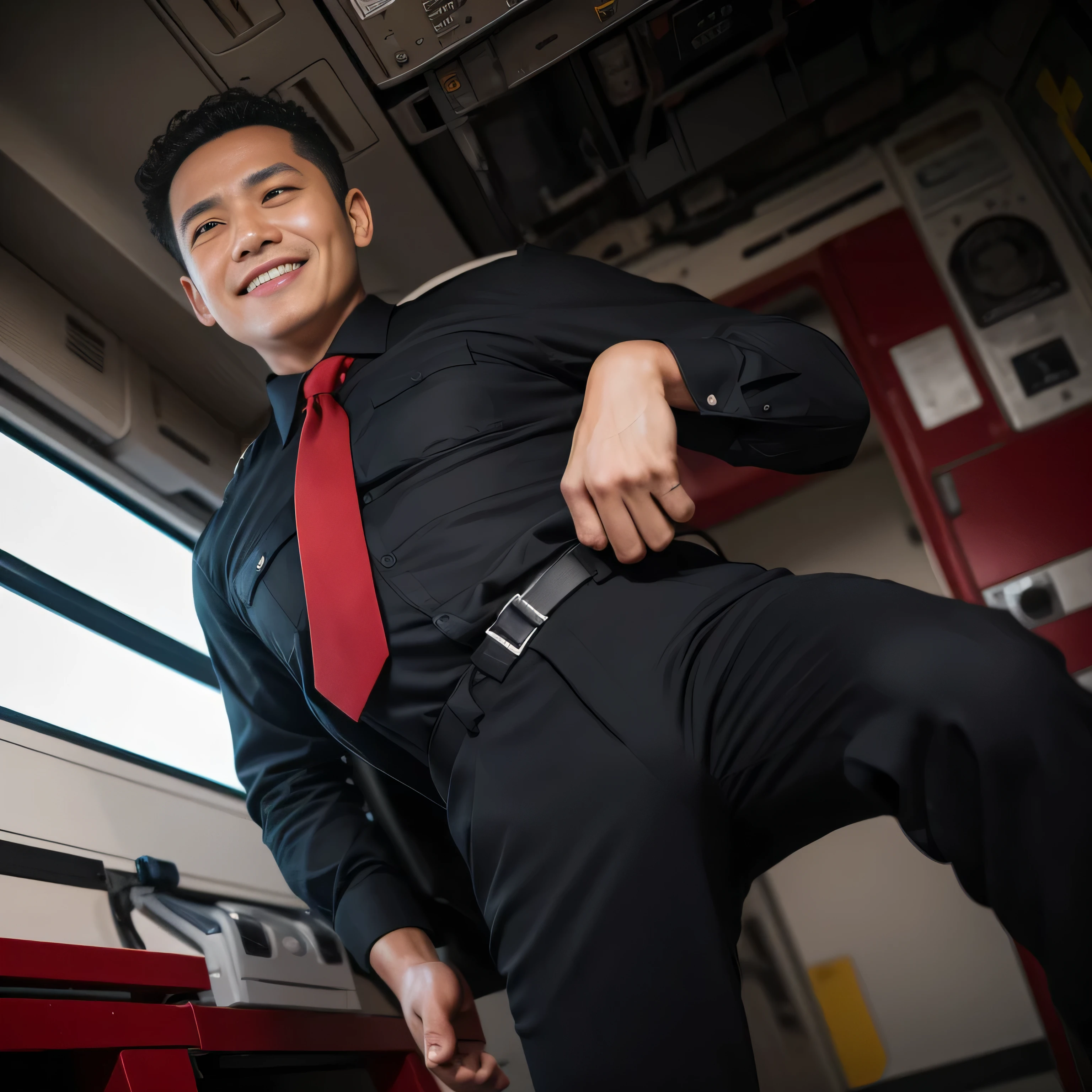 40 years old、One Man、combatant、Black Shirt、Red tie、black slim trousers、Raid、In-flight、Face up on the ground、logic succulent、 logic,Gay ,Very short hair、Iron perm、Stubble、smile Seen from below The crotch area of my trousers is swollen