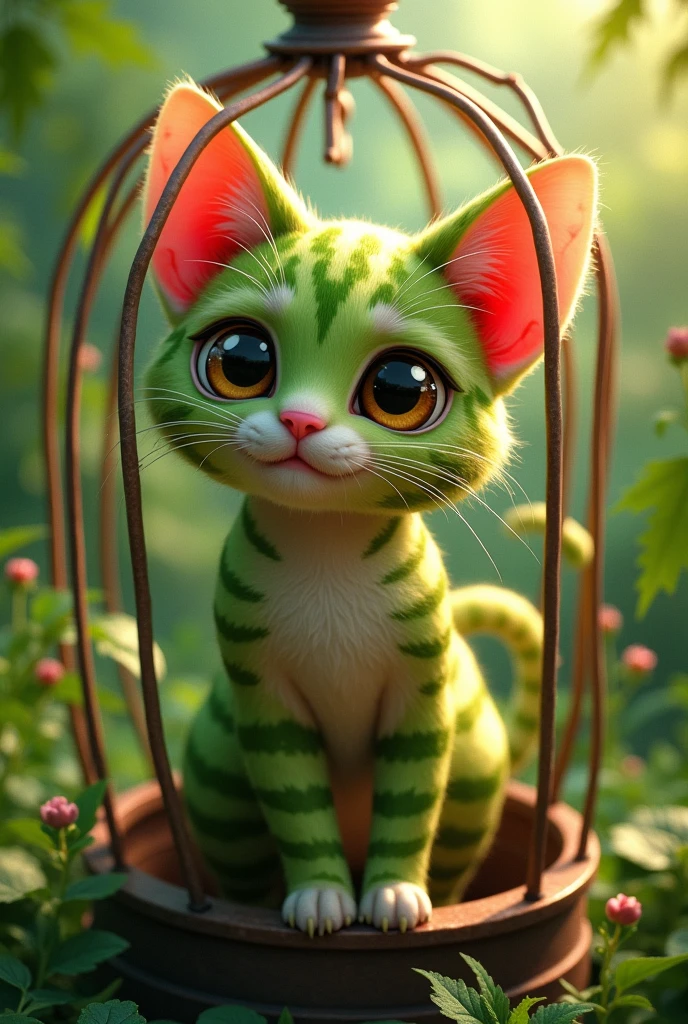 The watermeloncat in a cage