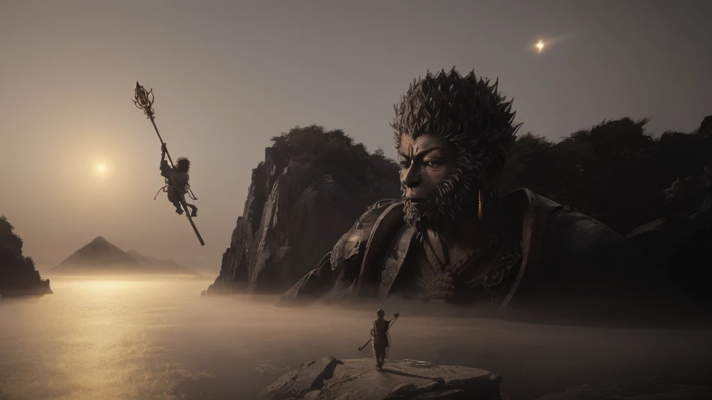 wukong \(black myth\) Standing on a huge rock and looking at the huge Buddha statue formed by water，Swinging the Golden Cudgel，After all the hardships，Stand in front of the Buddha statue，Sense of giants，Movie Feel，Lake fog，Perfect composition，close up，Shock