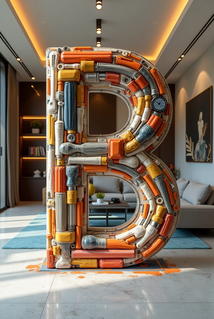 A huge letter B made out of "house pain brush,roller,ruller,hand glove,and other house hold materials",background inside view of well designed house with ceiling lights designed walls book shelf tables sofas and table,write boldly "Beemnet's interior Design..." at the bottom