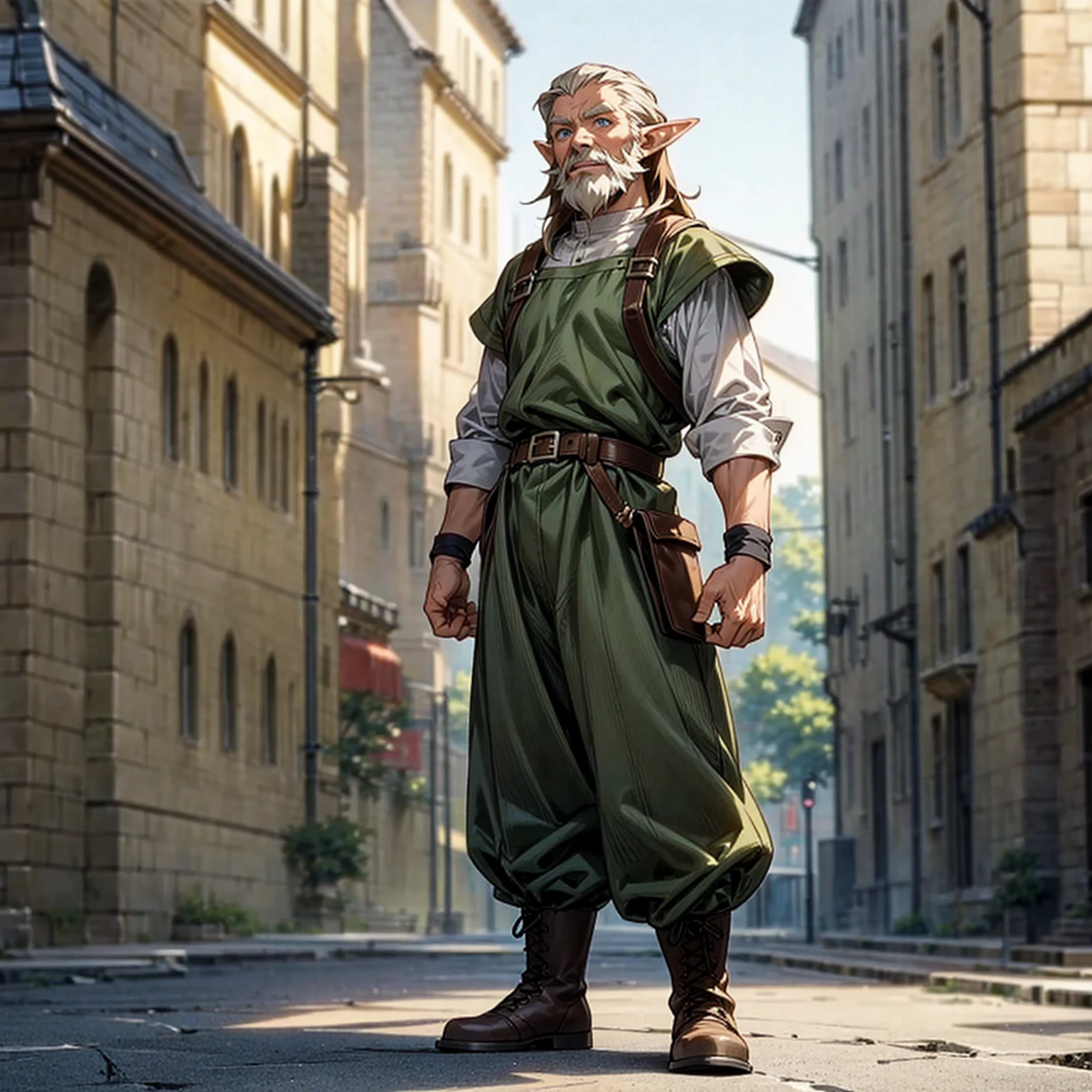 Solo character, full body version, old man, white beard, muscle, (elf), blue eyes, brown color hair, long hair, casual clothing, belt, long pants, boots, outdoor, town, medieval, standing gesture, detailed background, detailed clothing, detailed hair, happy, Makoto shinkai style art)