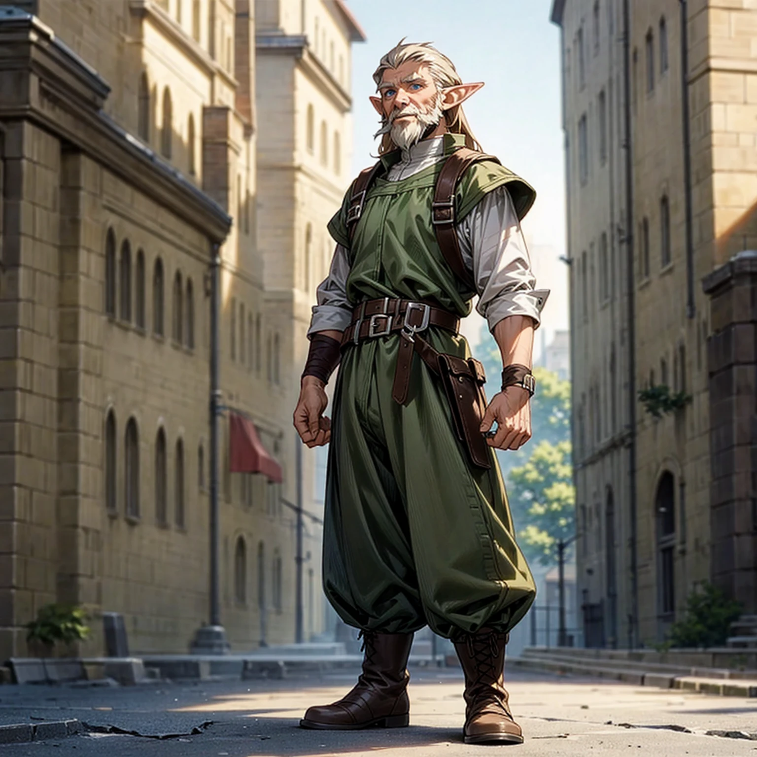 Solo character, full body version, old man, white beard, muscle, (elf), blue eyes, brown color hair, long hair, casual clothing, belt, long pants, boots, outdoor, town, medieval, standing gesture, detailed background, detailed clothing, detailed hair, happy, Makoto shinkai style art)